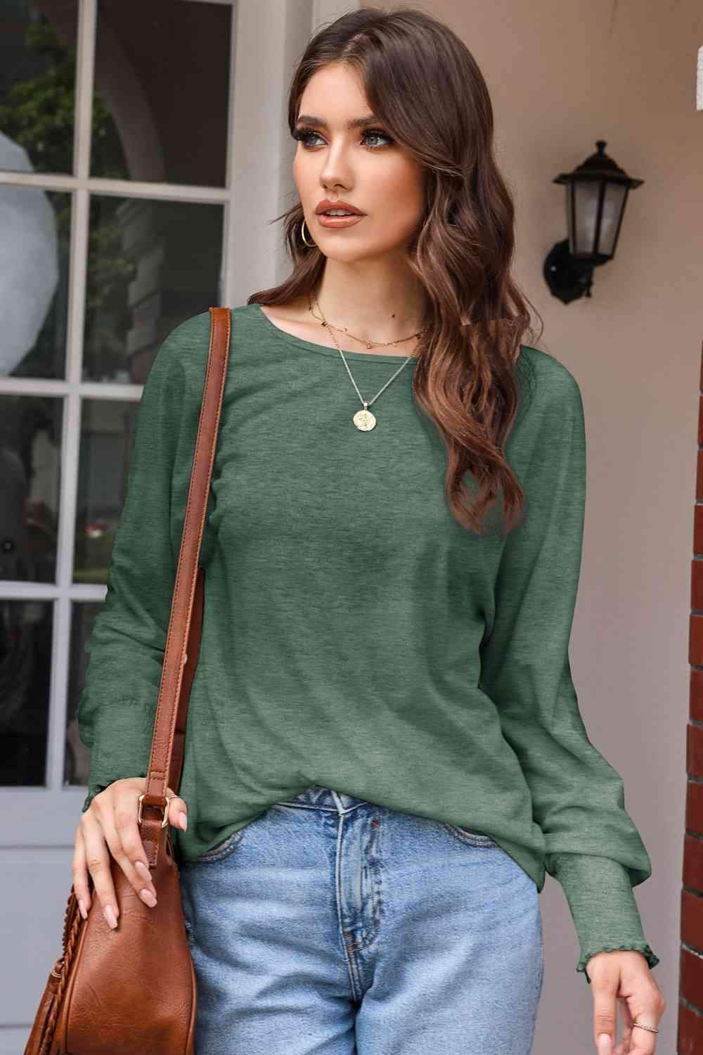 Round Neck Smocked Long Sleeve Blouse Moss Blouses - Tophatter Daily Deals