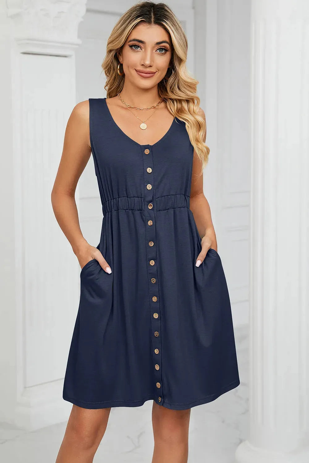 Buttoned Wide Strap Mini Dress Navy Casual Dresses - Tophatter Daily Deals