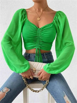 Drawstring Sweetheart Neck Cropped Top Mid Green Blouses - Tophatter Daily Deals