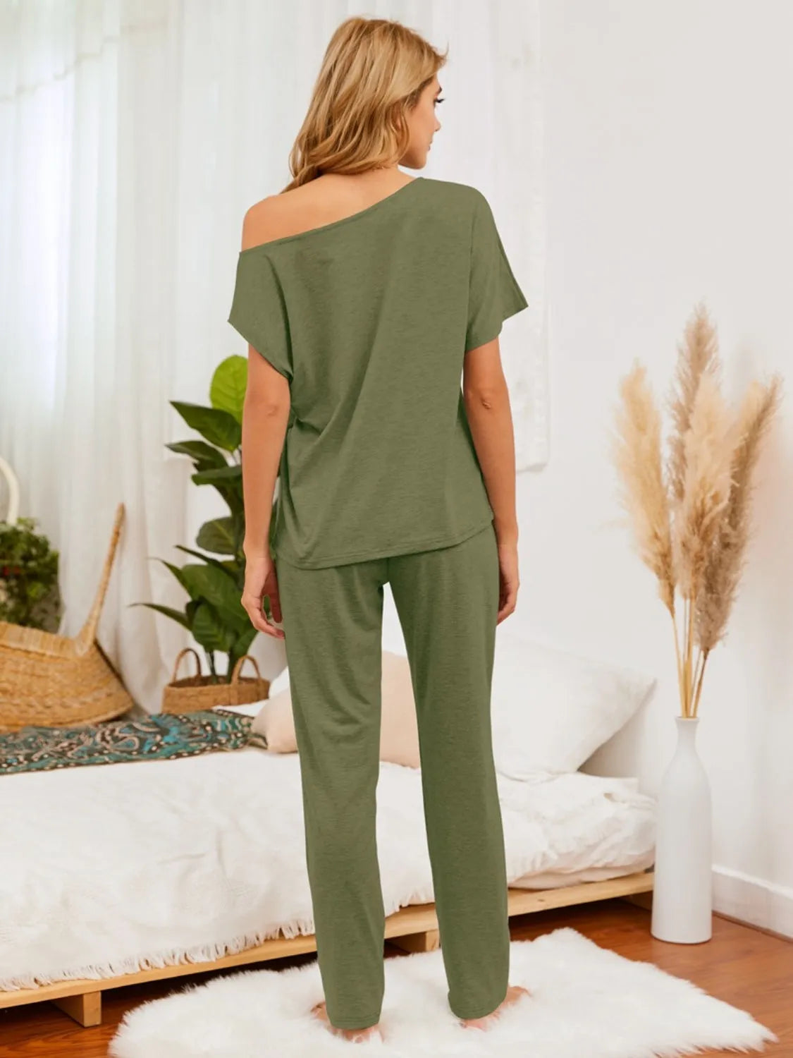 Boat Neck Top and Pants Lounge Set Loungewear Sets - Tophatter Daily Deals