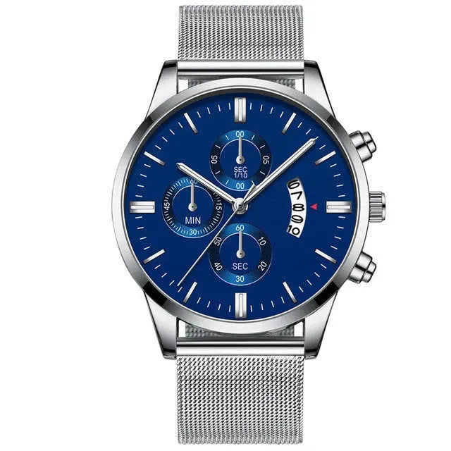 Mens Business Luxury Watches For Men Mesh Band Quartz Watch Silver Blue Watches - Tophatter Daily Deals