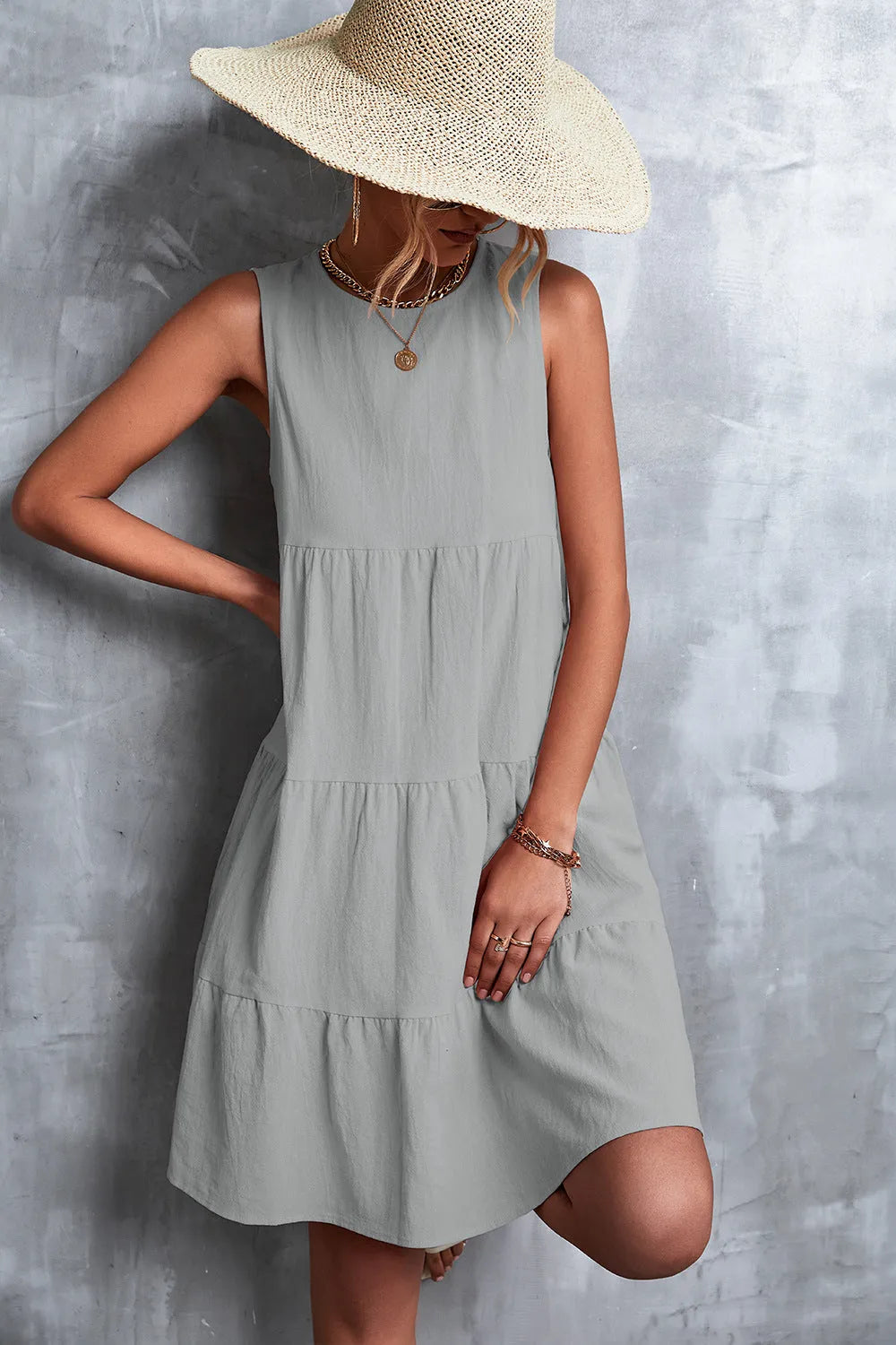 Sleeveless Round Neck Tiered Dress Gray Casual Dresses - Tophatter Daily Deals