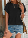 Eyelet Round Neck Short Sleeve T-Shirt Black Women's T-Shirts - Tophatter Daily Deals