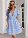 Decorative Button Plaid Short Sleeve Dress Casual Dresses - Tophatter Daily Deals