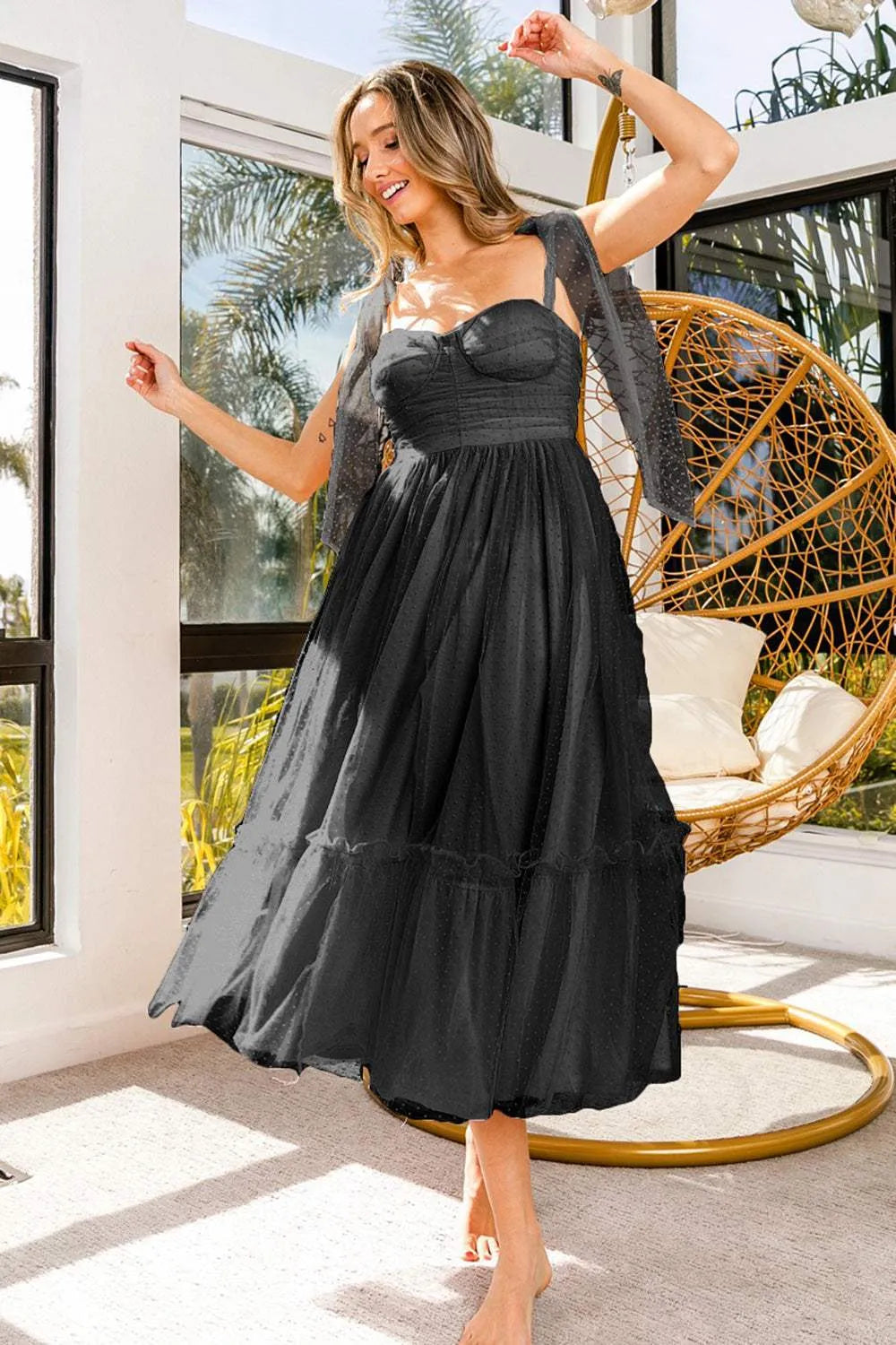 BiBi Swiss Dot Tie Shoulder Midi Dress Black Casual Dresses - Tophatter Daily Deals