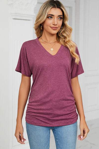 Ruched V-Neck Short Sleeve T-Shirt Magenta Women's T-Shirts - Tophatter Daily Deals