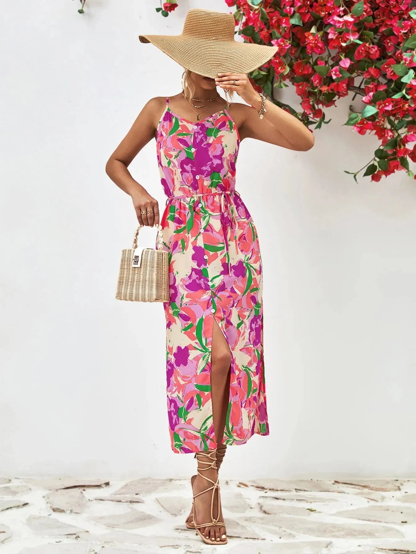 Printed Spaghetti Strap Front Slit Dress Casual Dresses - Tophatter Daily Deals