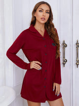 Heart Graphic Lapel Collar Long Sleeve Night Dress Sleep Dresses - Tophatter Daily Deals