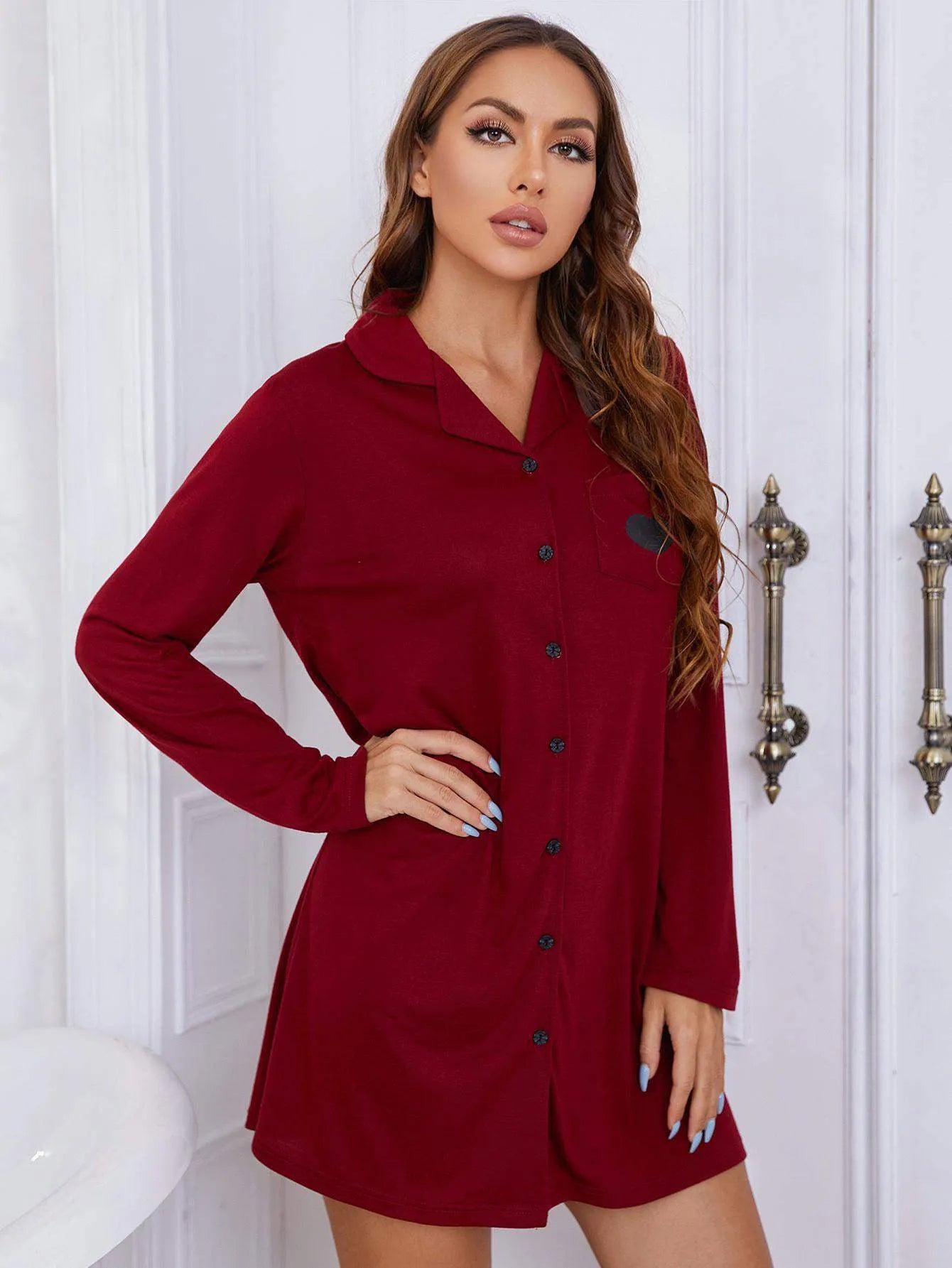 Heart Graphic Lapel Collar Long Sleeve Night Dress Sleep Dresses - Tophatter Daily Deals