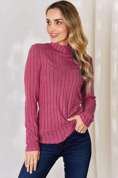 Basic Bae Full Size Ribbed Mock Neck Long Sleeve T-Shirt Hot Pink Women's T-Shirts - Tophatter Daily Deals