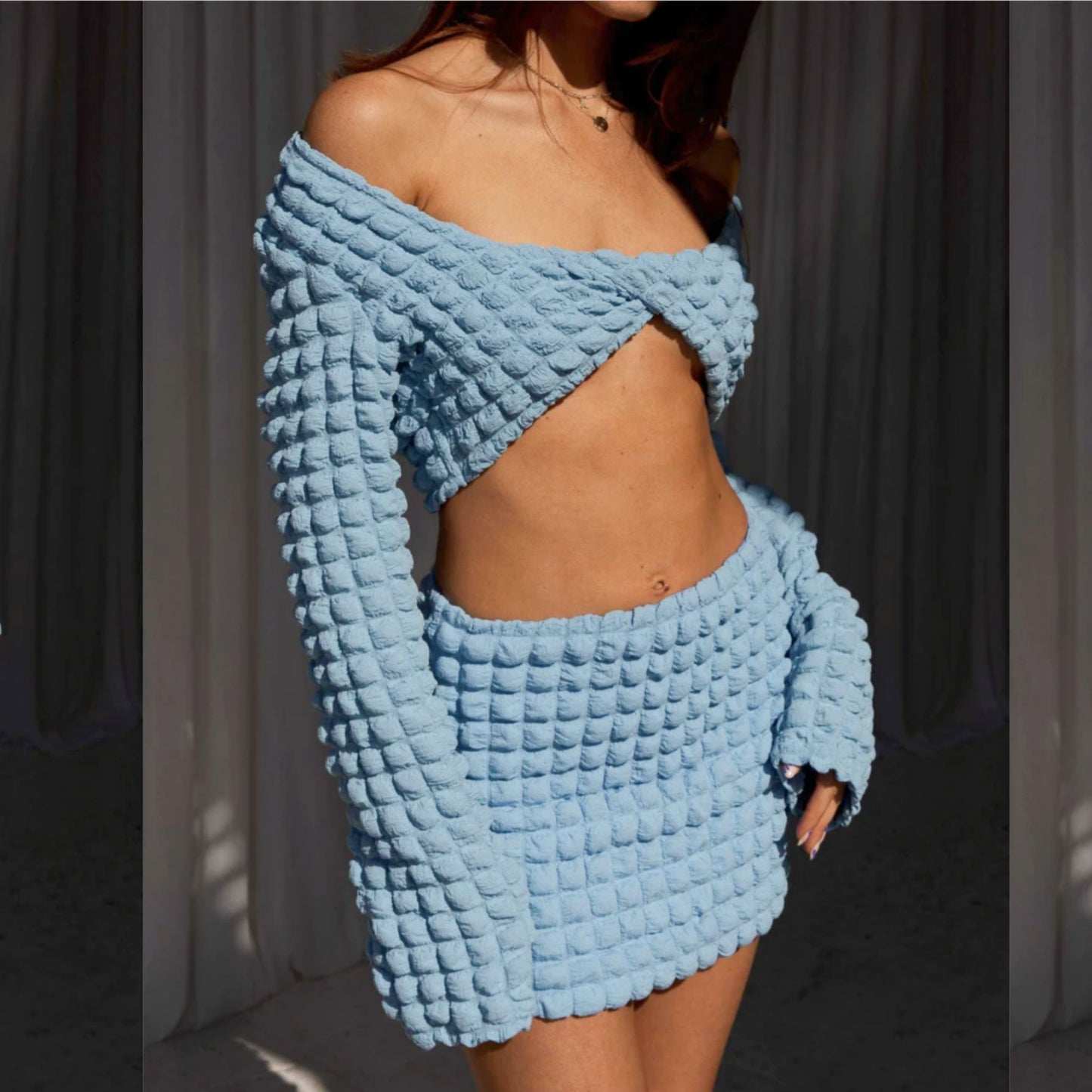 Bubble Plaid Twisted Sexy Hot Girl Long Sleeve Short Dress Two-piece Set YF8087 Blue 0 - Tophatter Daily Deals