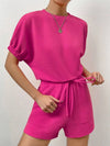 Waffle-Knit Round Neck T-Shirt and Pocketed Shorts Lounge Set Loungewear Sets - Tophatter Daily Deals