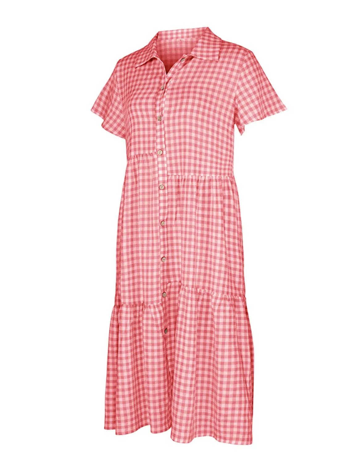 Button Up Plaid Short Sleeve Midi Dress Casual Dresses - Tophatter Daily Deals