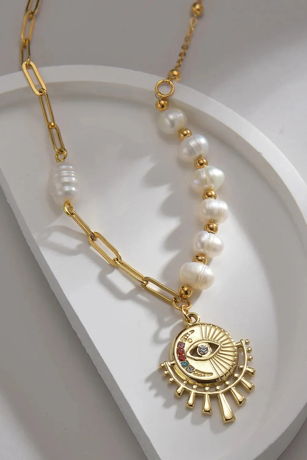 Evil Eye Pendant Pearl Stainless Steel Necklace Necklaces - Tophatter Daily Deals