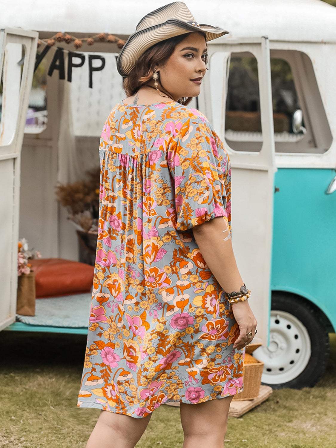 Plus Size Ruched Printed Half Sleeve Mini Dress Casual Dresses - Tophatter Daily Deals