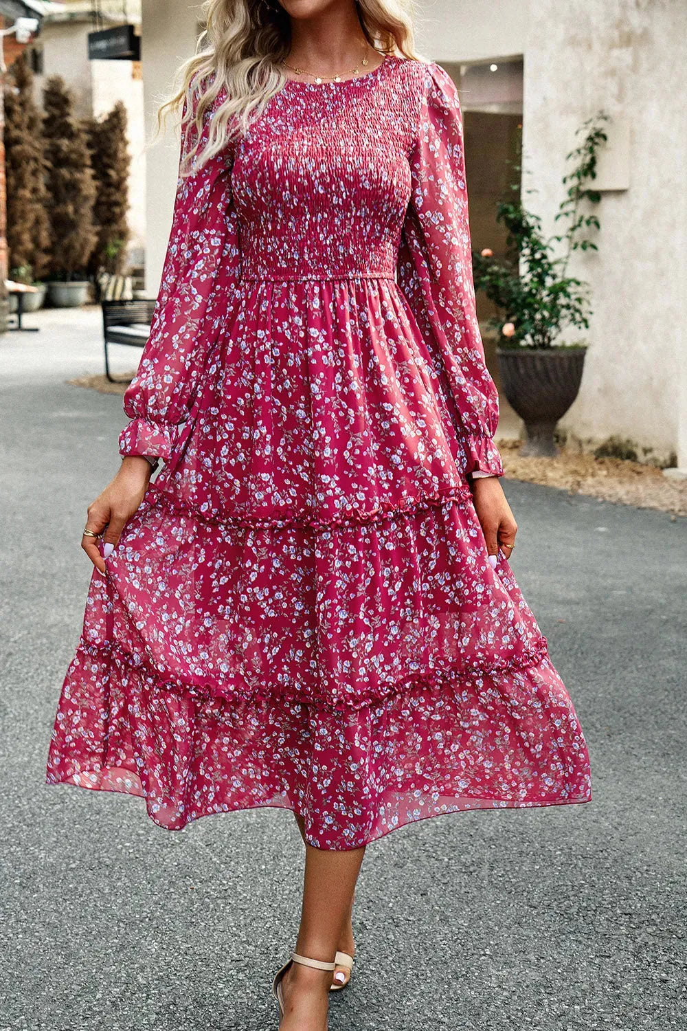 Smocked Flounce Sleeve Midi Dress Casual Dresses - Tophatter Daily Deals