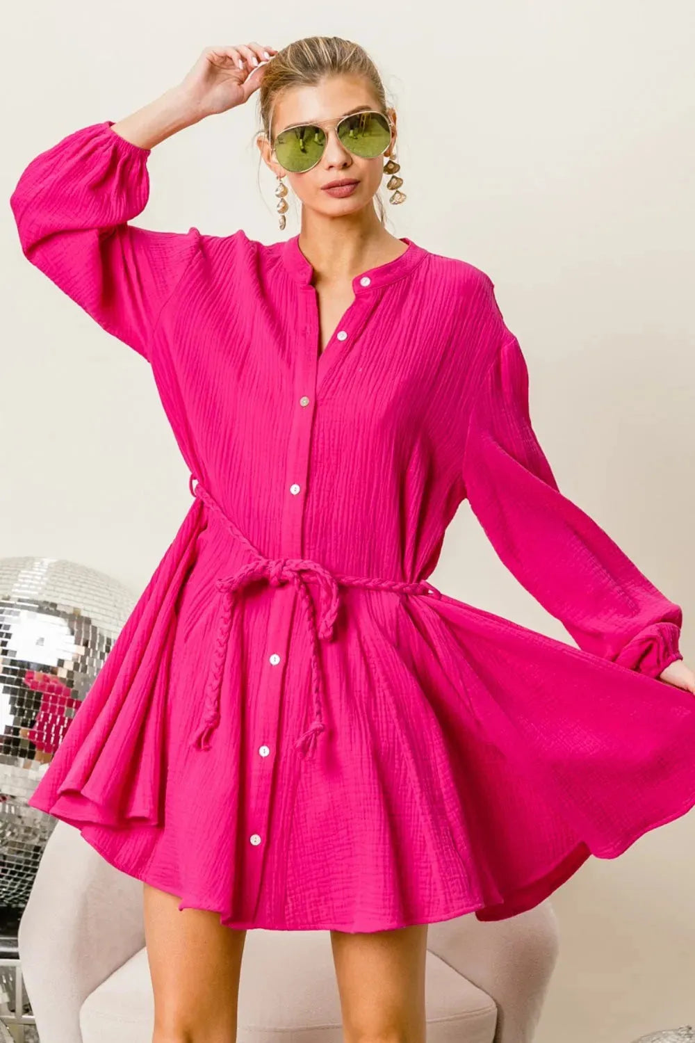 BiBi Button Up Texture Mini Dress with Braid Waist Strap Casual Dresses - Tophatter Daily Deals