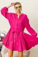 BiBi Button Up Texture Mini Dress with Braid Waist Strap Casual Dresses - Tophatter Daily Deals