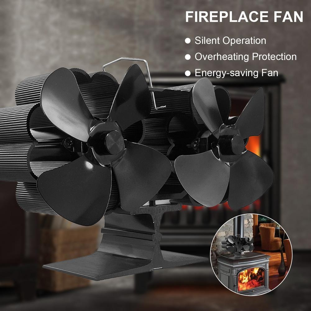 8 Leaf Double Head Fireplace Heat Power Fan 0 - Tophatter Daily Deals