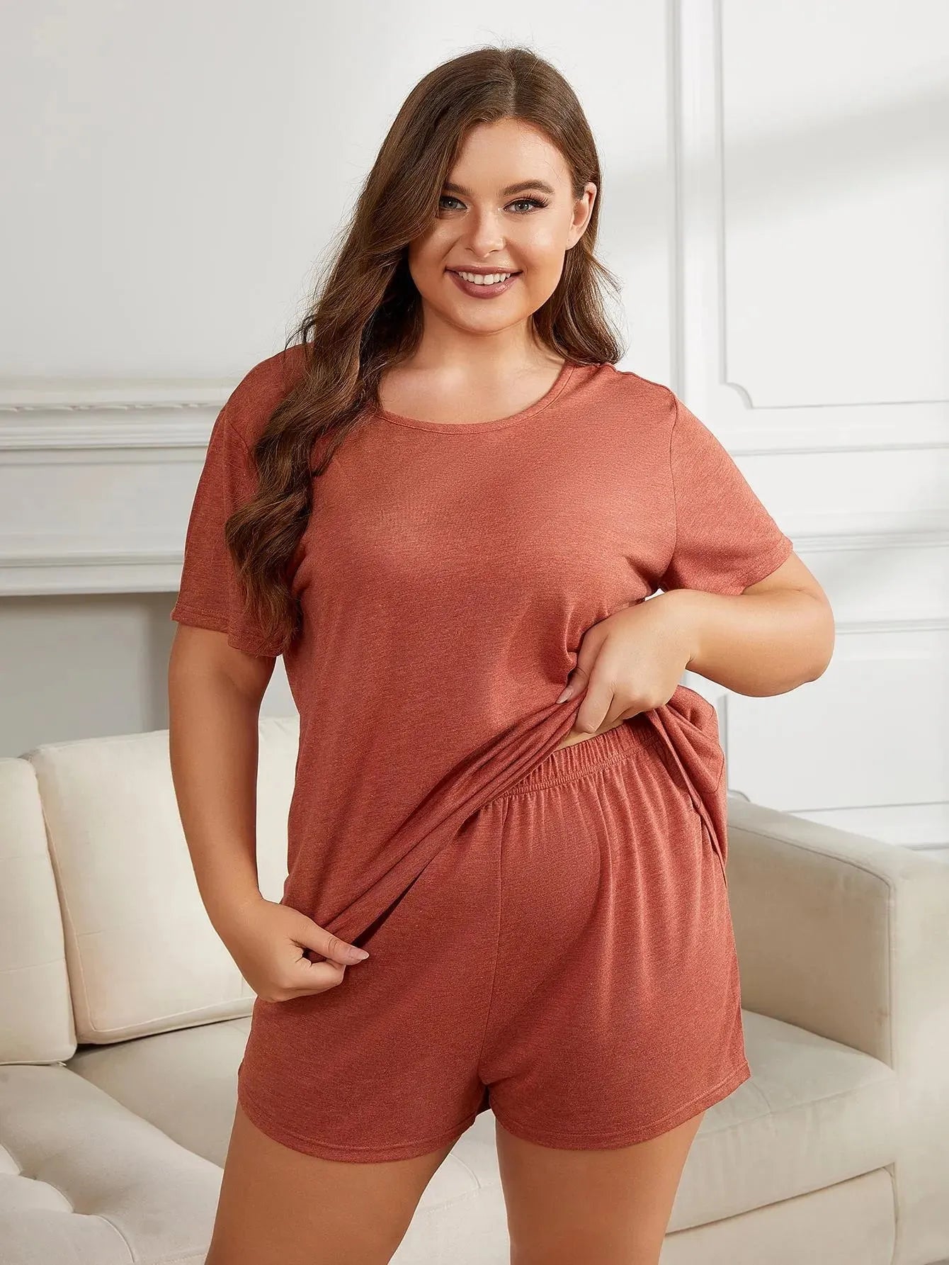 Plus Size Round Neck Short Sleeve Two-Piece Loungewear Set Rust Loungewear Sets - Tophatter Daily Deals