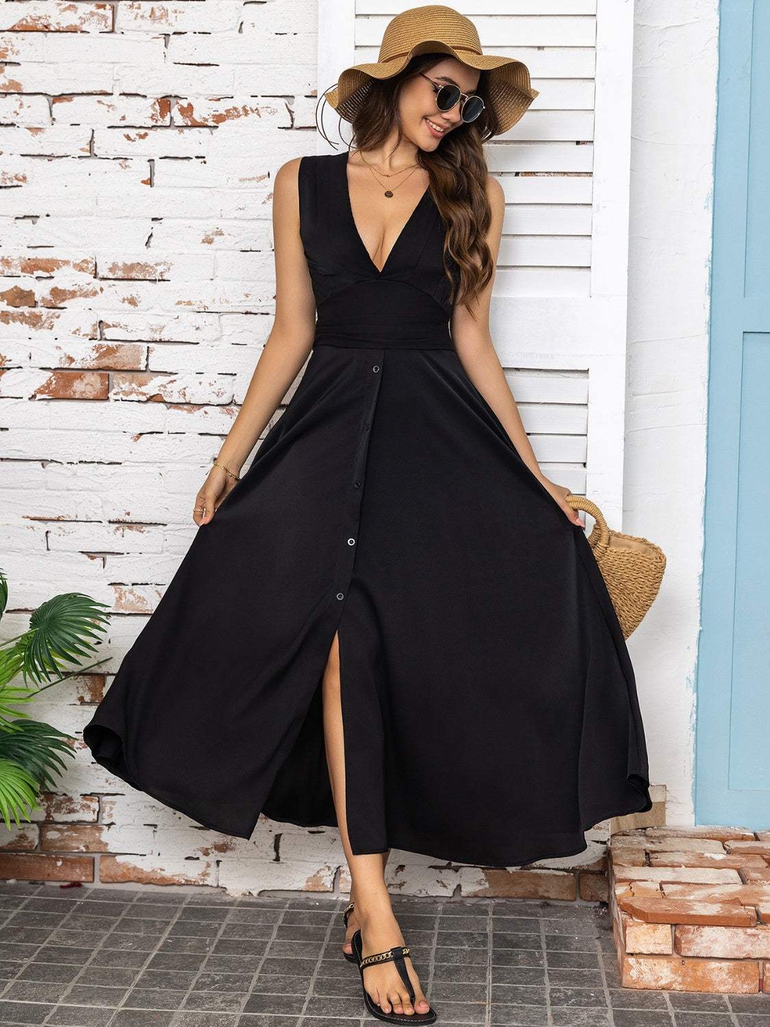 Full Size Slit V-Neck Sleeveless Midi Dress Black Casual Dresses - Tophatter Daily Deals