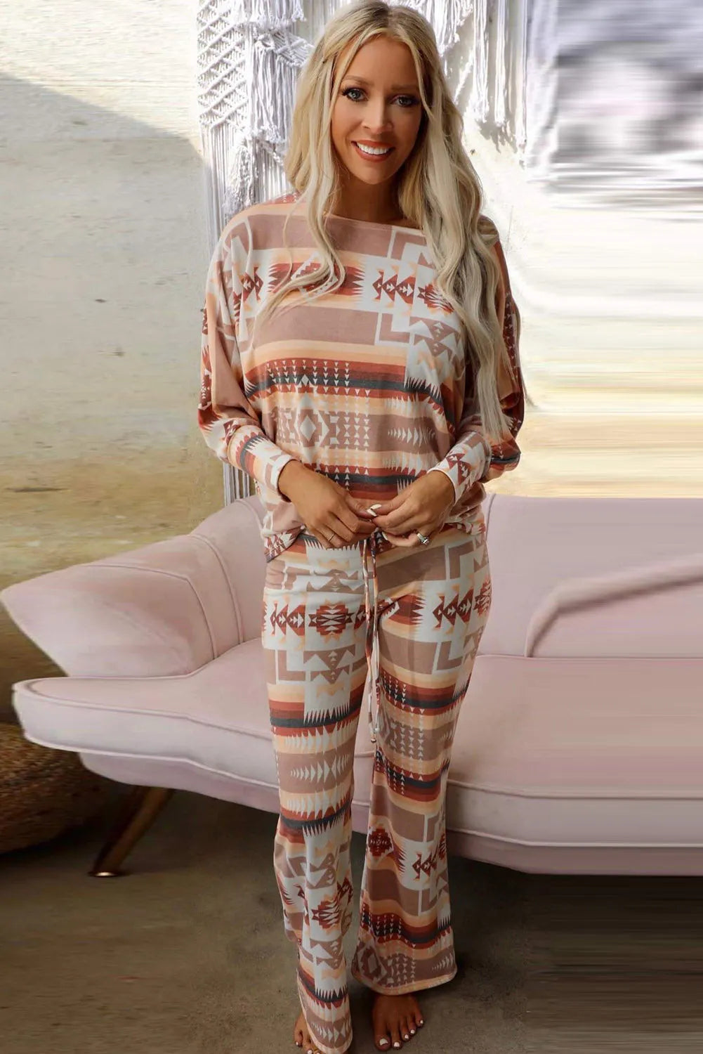 Multicolour Aztec Print Puff Sleeve Pullover and Pants Lounge Outfit Loungewear & Sleepwear/Sleepwear - Tophatter Daily Deals