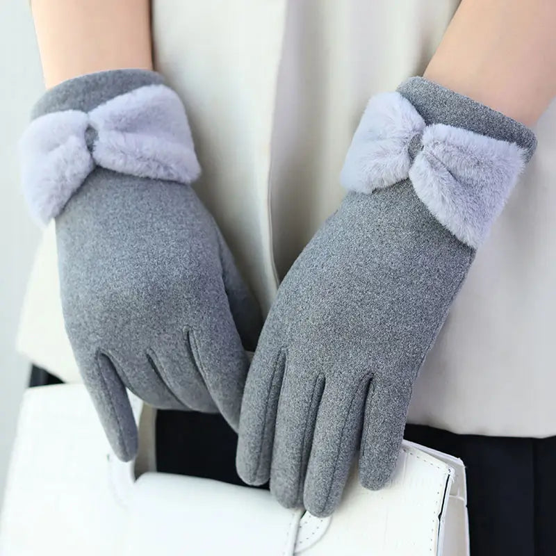 Warm Women Gloves - Bow Cuff, Fleece Lined, For Winter Gray One Size - Tophatter Daily Deals
