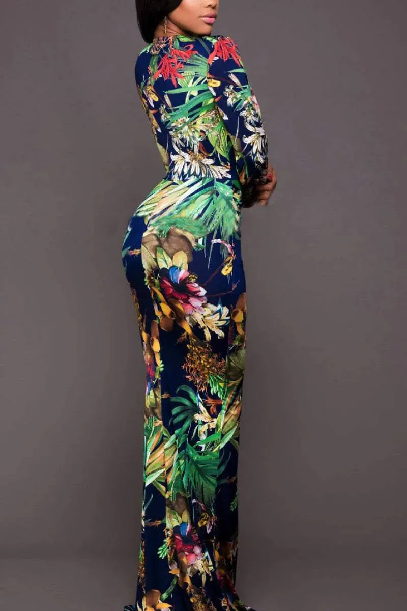 Printed Plunge Neck Leg Split Maxi Dress Cocktail Dresses - Tophatter Daily Deals