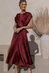 Satin Cap Sleeve Tie Back Midi Dress Casual Dresses - Tophatter Daily Deals