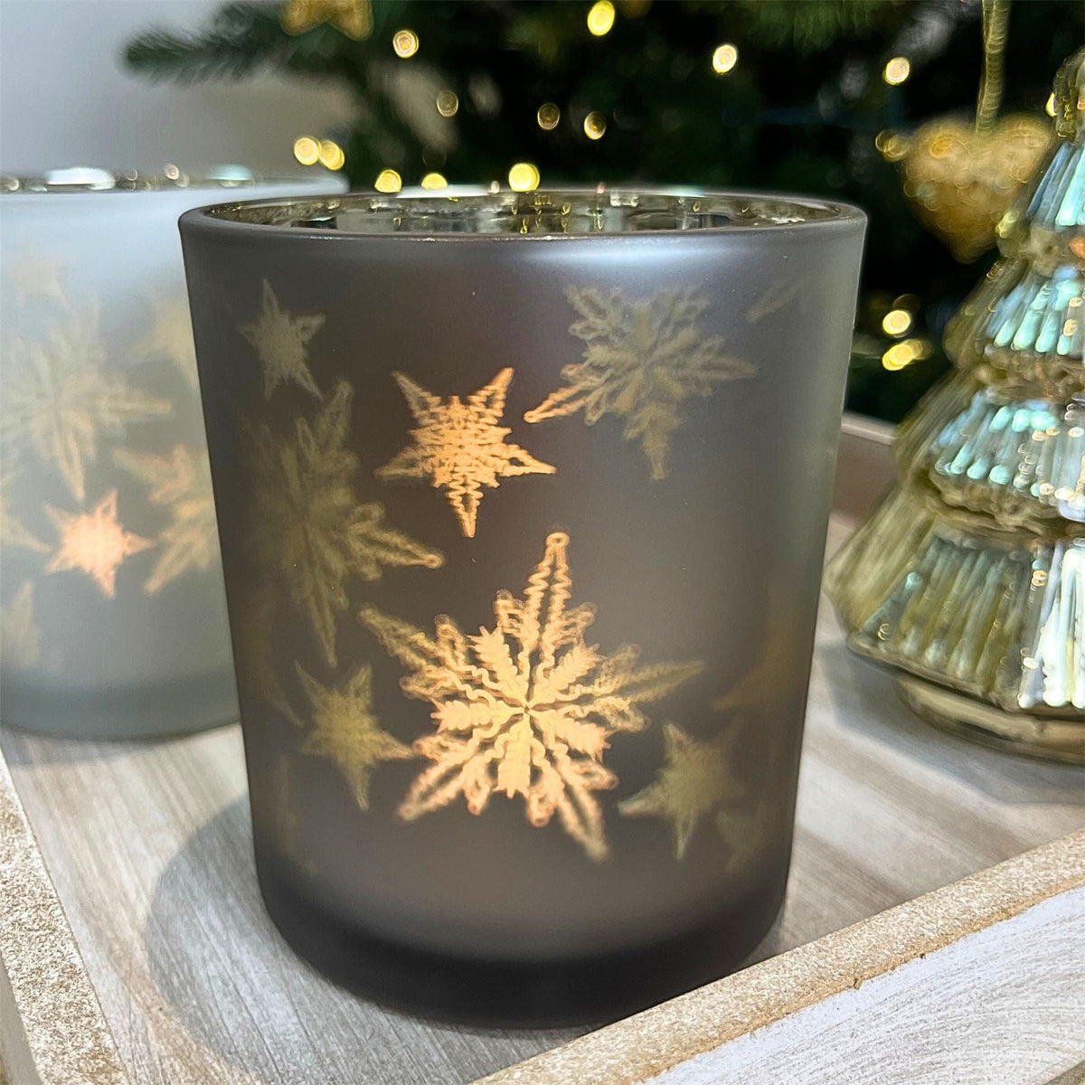 Snowflake Tealight Holder | Frosted Glass Christmas Tea Light Candle Holder 10cm Candle Holder - Tophatter Daily Deals