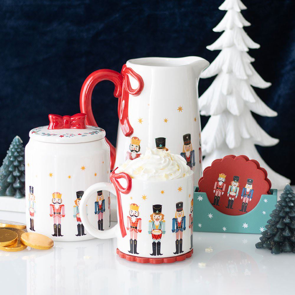 Ceramic Nutcracker Christmas Jar with Red Bow Lid | Festive Biscuit Barrel 15cm Jar - Tophatter Daily Deals