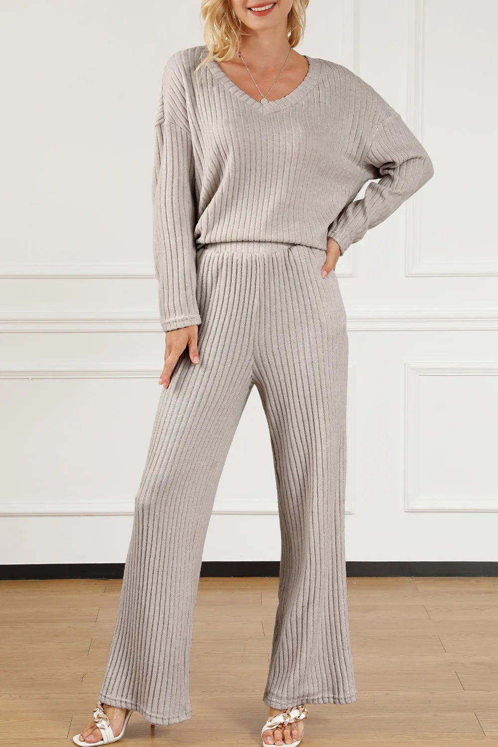 Khaki Ribbed Knit V Neck Slouchy Two-piece Outfit Loungewear & Sleepwear/Loungewear - Tophatter Daily Deals
