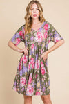 BOMBOM Flower Print V-Neck Ruched Dress Casual Dresses - Tophatter Daily Deals