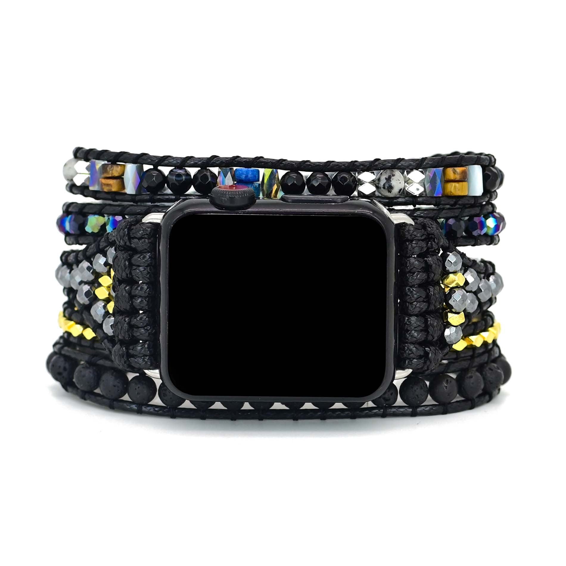 Black Retro Woven Watch Band Natural Stone Bead Strap Bracelet Black 0 - Tophatter Daily Deals
