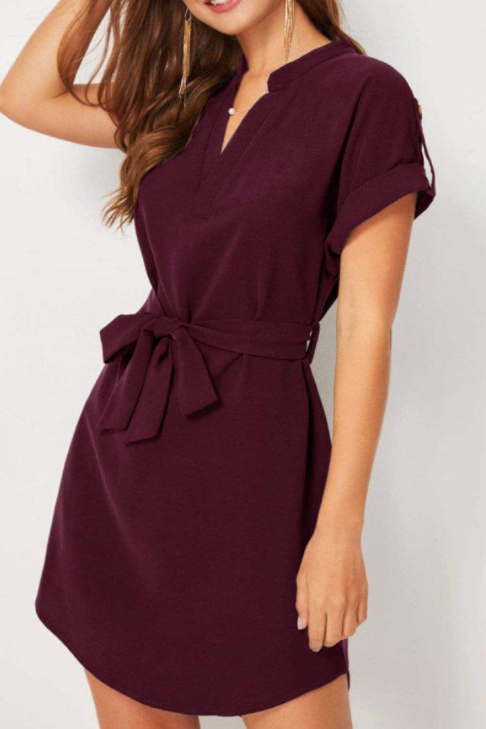 Tied Notched Short Sleeve Dress Casual Dresses - Tophatter Daily Deals