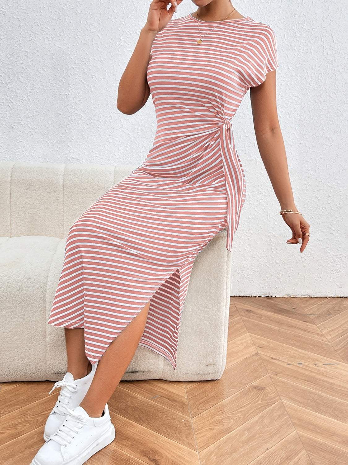 Tied Striped Round Neck Short Sleeve Tee Dress Casual Dresses - Tophatter Daily Deals