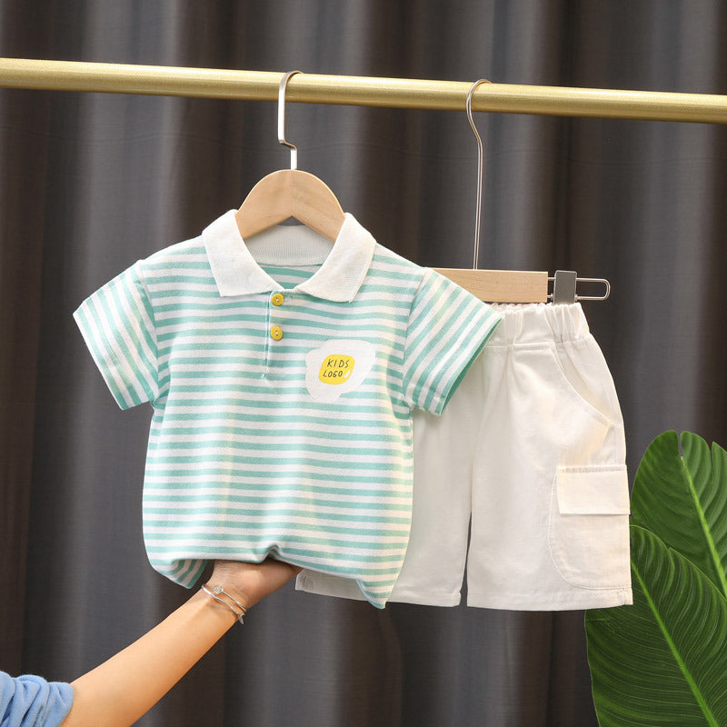 Boys' Summer Cute Stripes Solid Color Short-sleeved Shorts Two-piece Set 0 - Tophatter Daily Deals