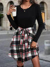 Tied Plaid Round Neck Long Sleeve Dress Casual Dresses - Tophatter Daily Deals