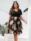 Plus Size Printed Ruched V-Neck Short Sleeve Dress Black Casual Dresses - Tophatter Daily Deals