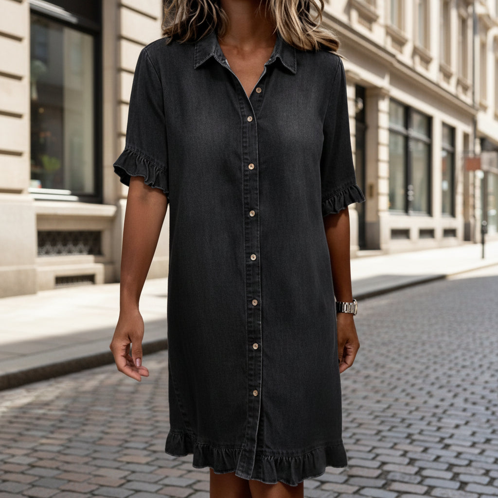 Women's Faux Denim Ruffle-Sleeve Shirt Dress Women's Dresses - Tophatter Daily Deals