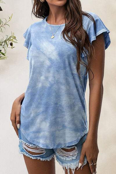 Printed Round Neck Short Sleeve T-Shirt Misty Blue Women's T-Shirts - Tophatter Daily Deals