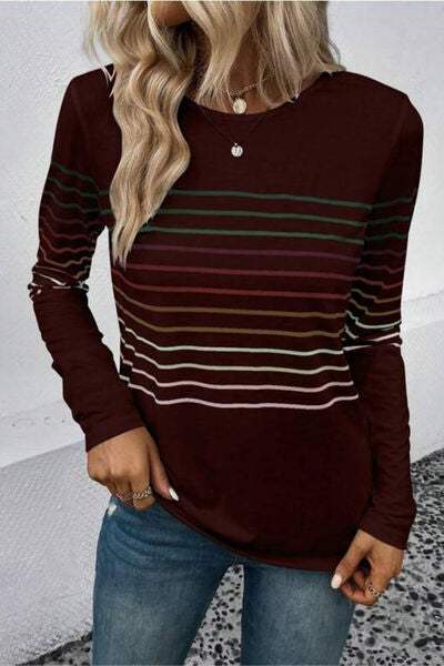 Striped Round Neck Long Sleeve T-Shirt Wine Women's T-Shirts - Tophatter Daily Deals