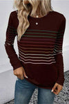 Striped Round Neck Long Sleeve T-Shirt Wine Women's T-Shirts - Tophatter Daily Deals