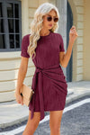 Tied Round Neck Short Sleeve Mini Dress Casual Dresses - Tophatter Daily Deals