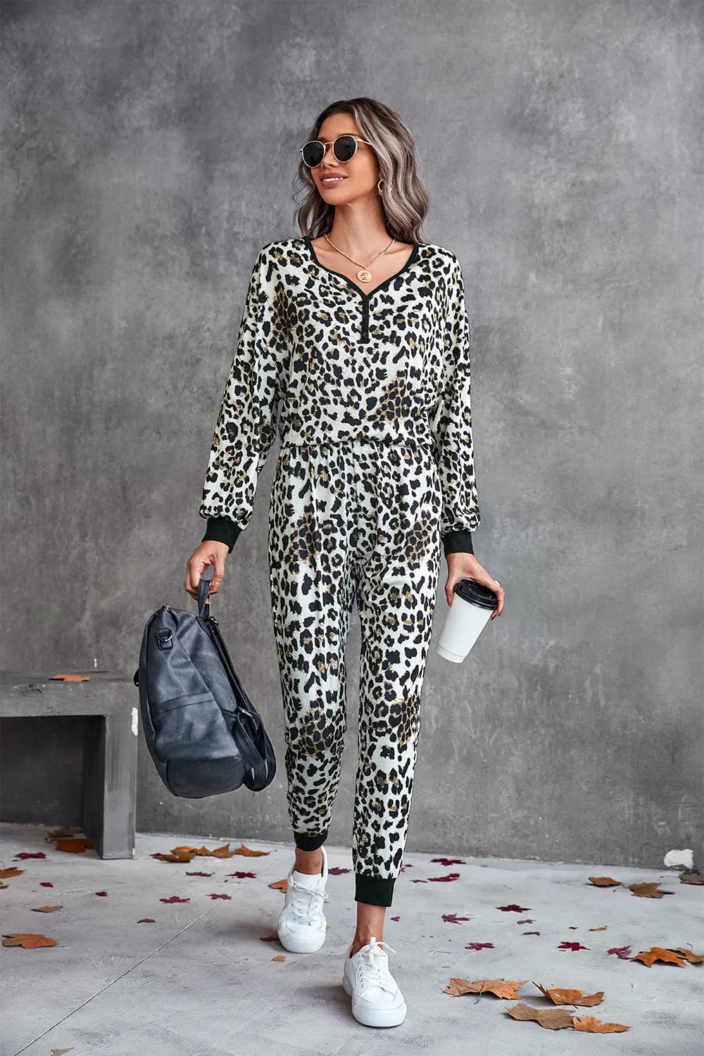 Leopard V-Neck Dropped Shoulder Loungewear Set Loungewear Sets - Tophatter Daily Deals