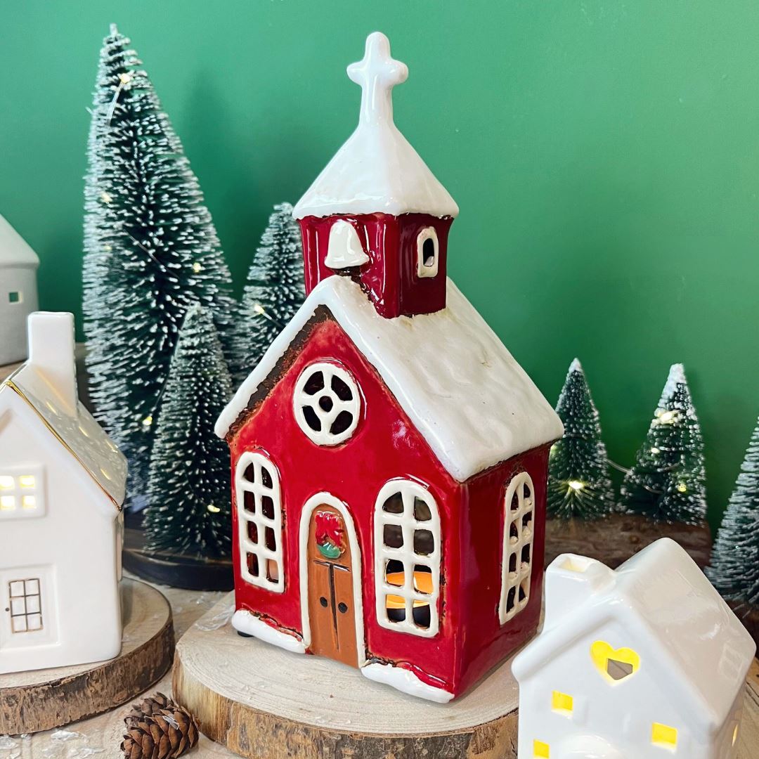 Ceramic Christmas Church Tealight Holder | Candle Holder Christmas Ornament Candle Holder - Tophatter Daily Deals