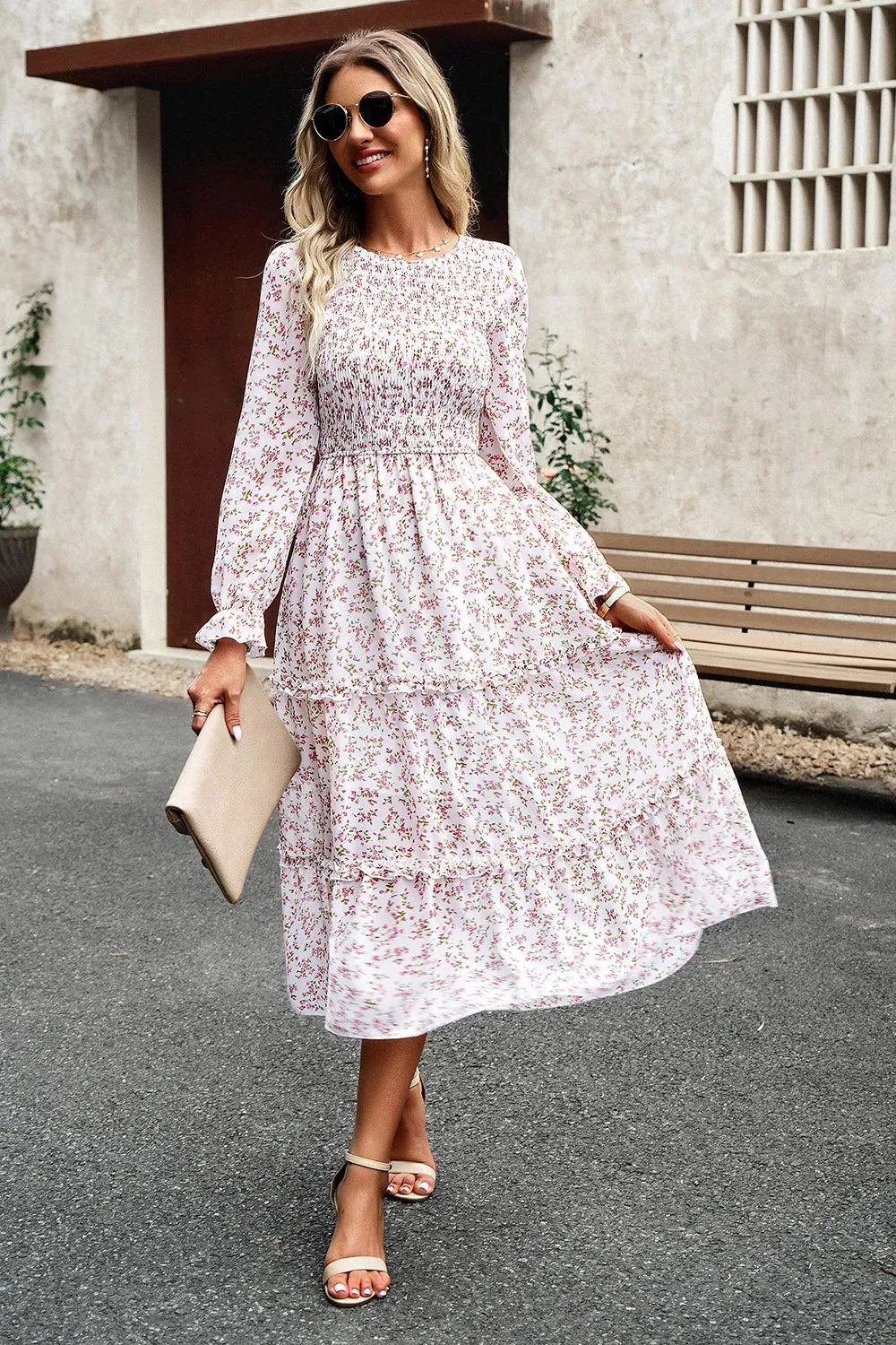 Smocked Flounce Sleeve Midi Dress Casual Dresses - Tophatter Daily Deals