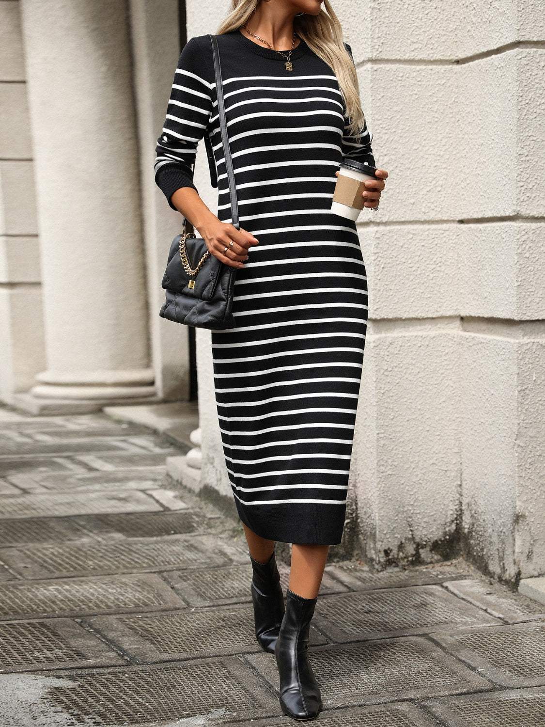 Striped Round Neck Long Sleeve Dress Casual Dresses - Tophatter Daily Deals