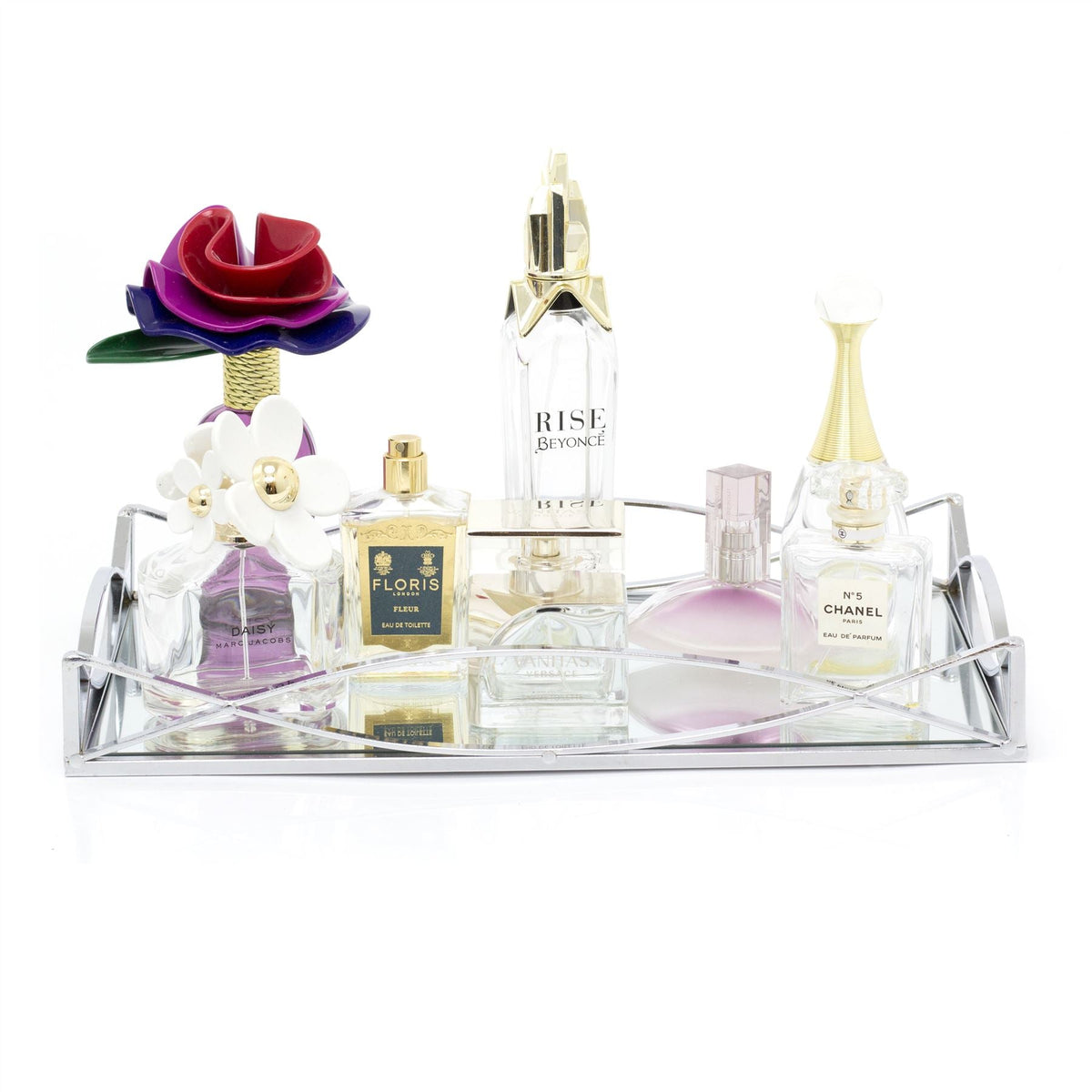 Art Deco Silver Mirrored Display Tray | Perfume Jewellery Cosmetic Organiser | Decorative Metal Double Vanity Dish 35cm Candle Plate - Tophatter Daily Deals