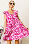 BiBi Leopard Cap Sleeve Tiered Mini Dress Pink Fuchsia Casual Dresses - Tophatter Daily Deals